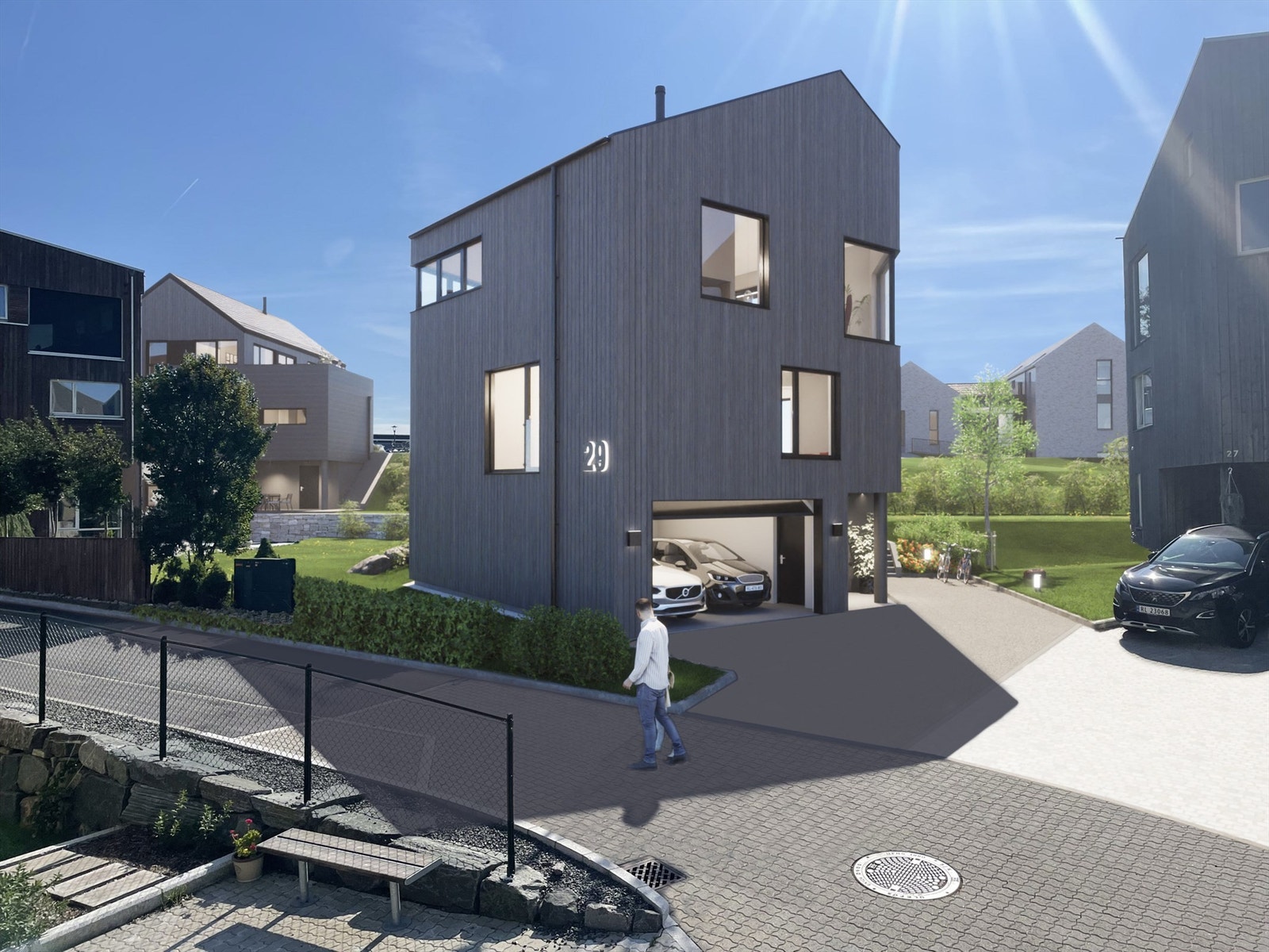 Boligen har integrert dobbel garasje, med direkte adkomst inn i huset. En trygg og attraktiv måte kunne gå tørrskodd rett inn etter å ha parkert. Boligen ligger få meter fra Skadberg Skole (1-7 klasse) og Kjerrberg Ungdomsskole (8-10 klasse). Galleribilde