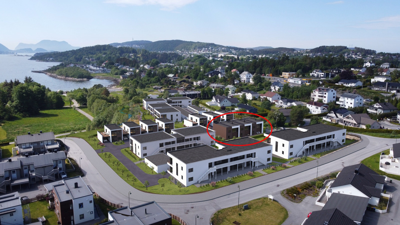 Prosjektillustrasjon fra sør-øst. Rekkehus markert. Galleribilde