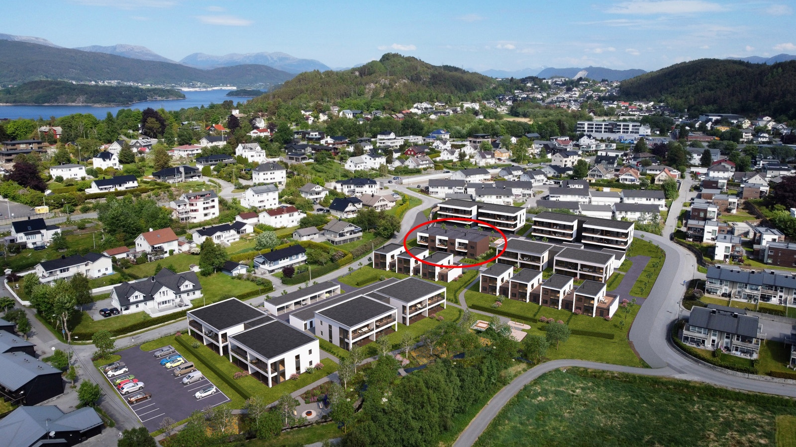 Prosjektillustrasjon fra sør-vest. Rekkehus markert. Galleribilde