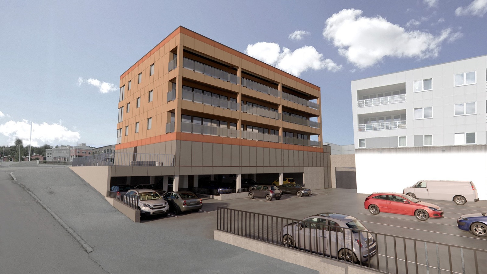 Fasade sør/ sørvest - Illustrasjonsbilde med parkering til Rema 1000 i forgrunnen Galleribilde