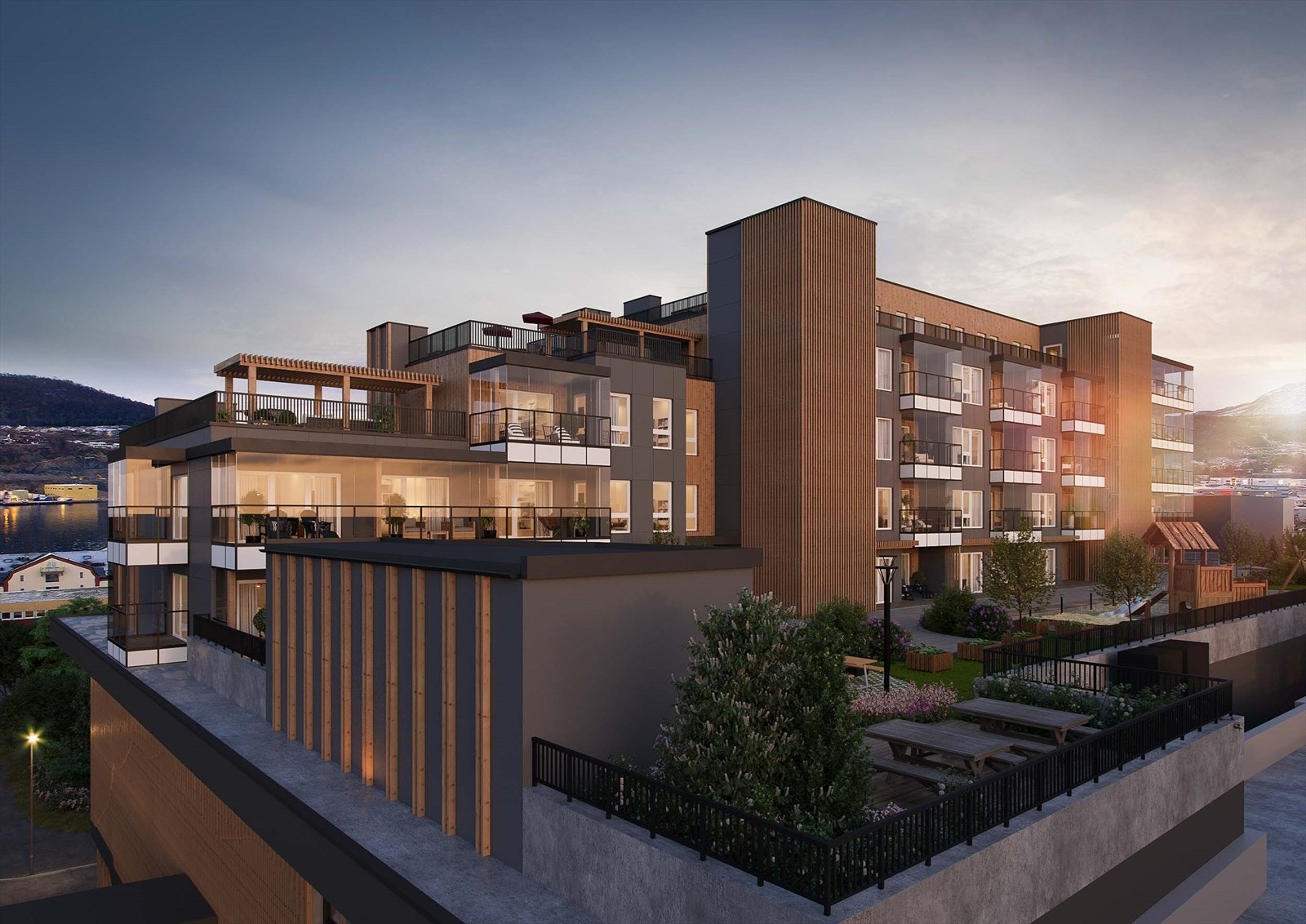 Hvedingkvartalet Boligpark blir et staselig byggverk med en høyreist fasade mot nersiden i øst og med lunere bakside på den private takhagen mot vest. Galleribilde