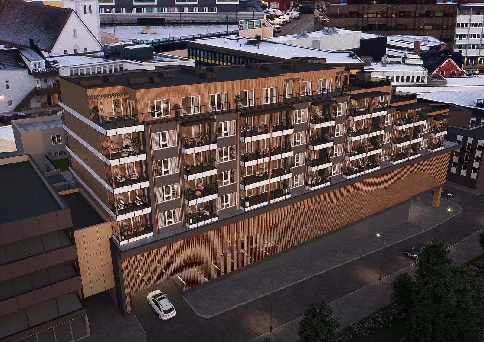 Toppetasjen får 4 Penthouse- leiligheter med veldig god utsikt i alle retninger, vinterhager og store takterrasser. Galleribilde