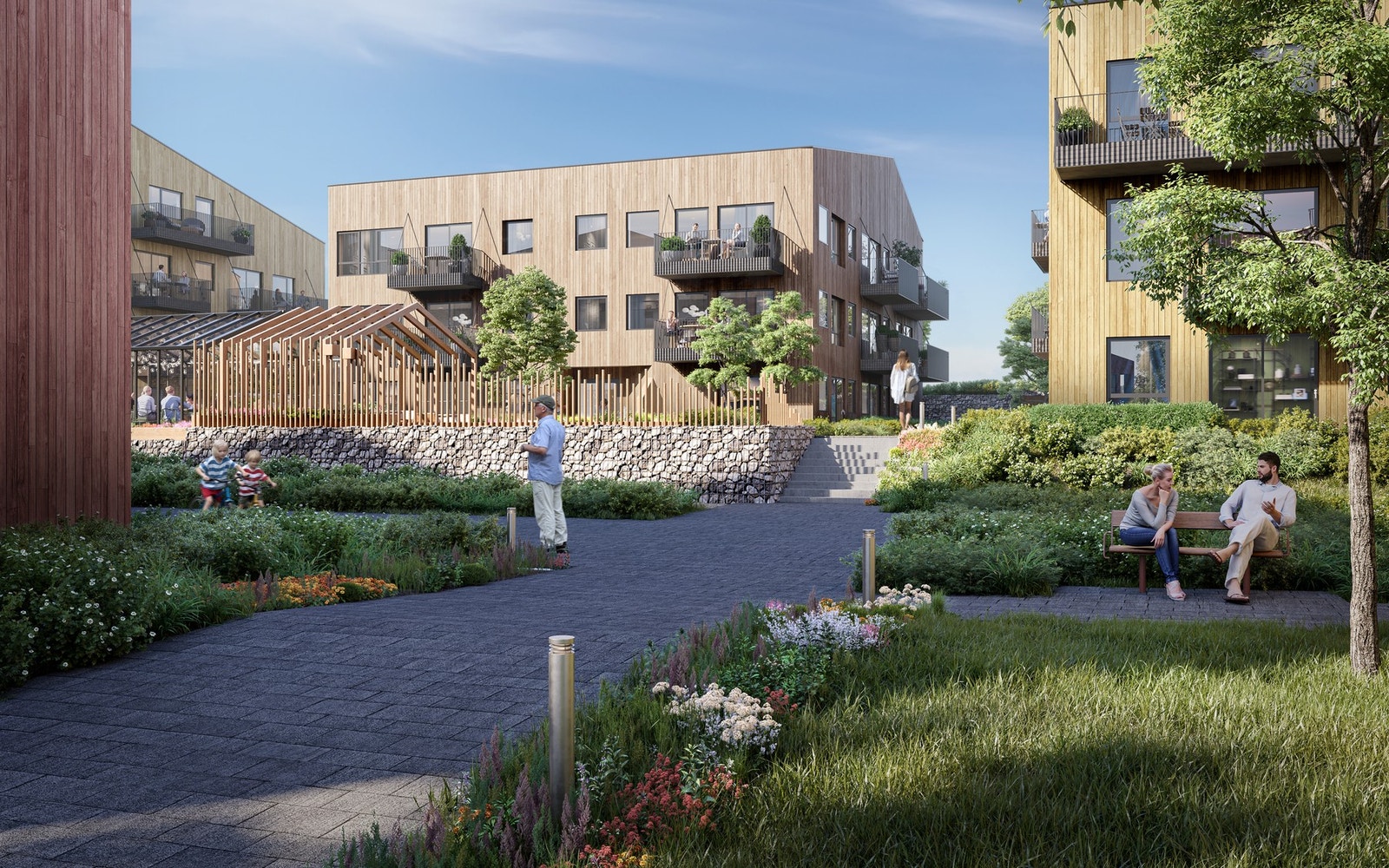Mellom byggene lages det flotte grøntarealer som vil være en kvalitet som verdsettes både av barnefamilier og godt voksne. Illustrasjon, avvik vil forekomme. Galleribilde