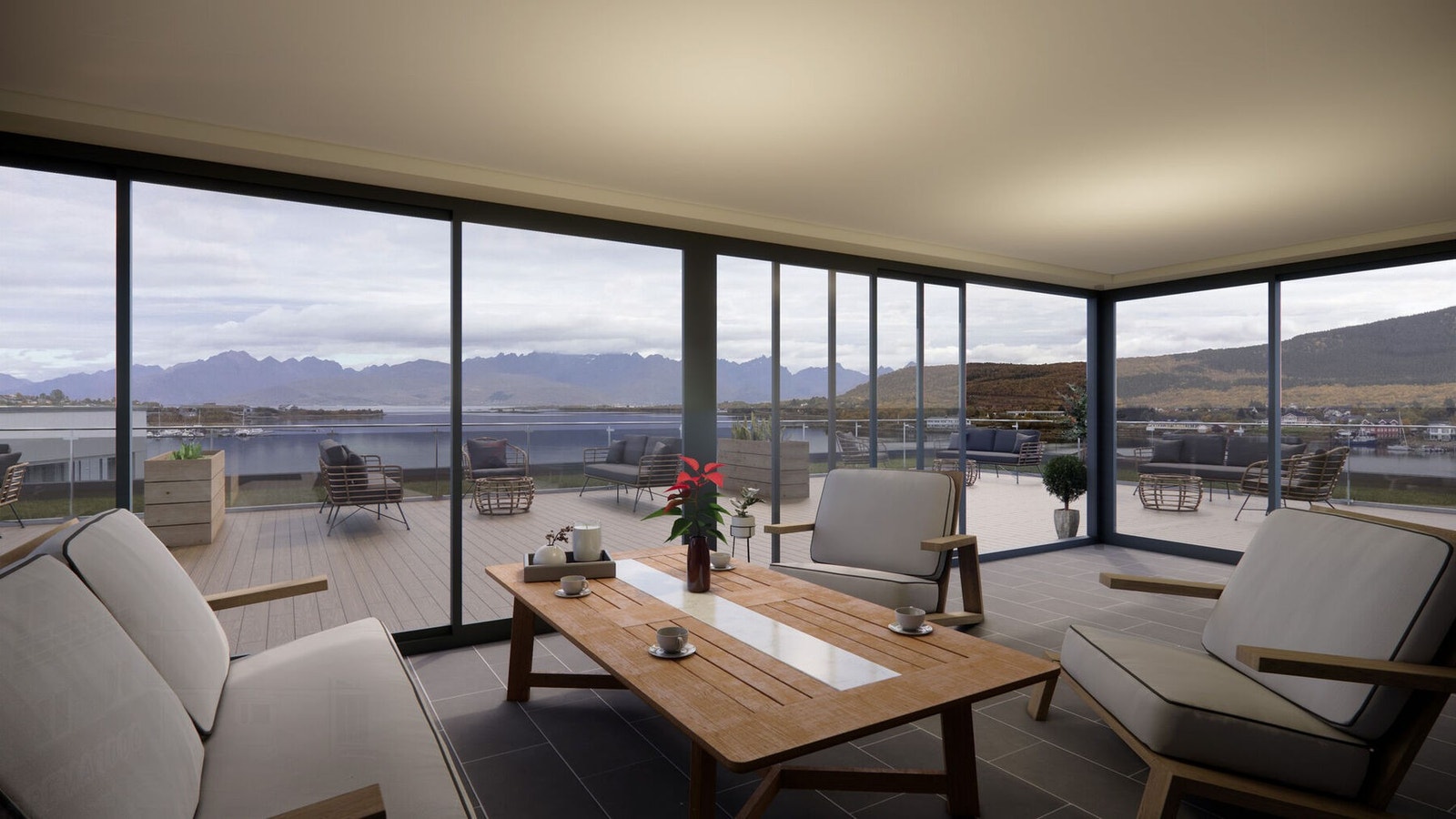 Takterrasse med inn glasset og oppvarmet utestue, wc og kjøkkendel, plenarealer, sosiale soner og fantastisk utsikt - Illustrasjonsbilde Galleribilde