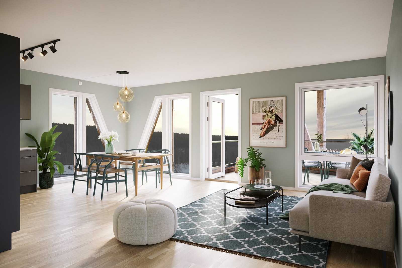 Bygget har en helt spesiell arkitektur - noe som gir spennende vindusløsninger og mye lysinnslipp! Den lune varmen får du fra den vannbårne gulvvarmen. Illustrasjon - avvik kan forekomme. Galleribilde