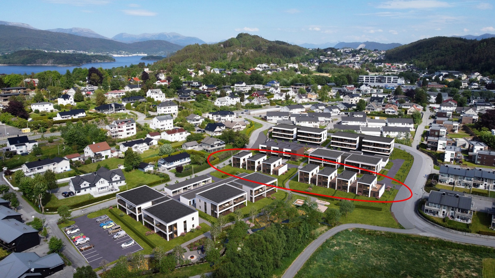 Prosjektillustrasjon fra sør-vest. Eneboliger markert. Galleribilde