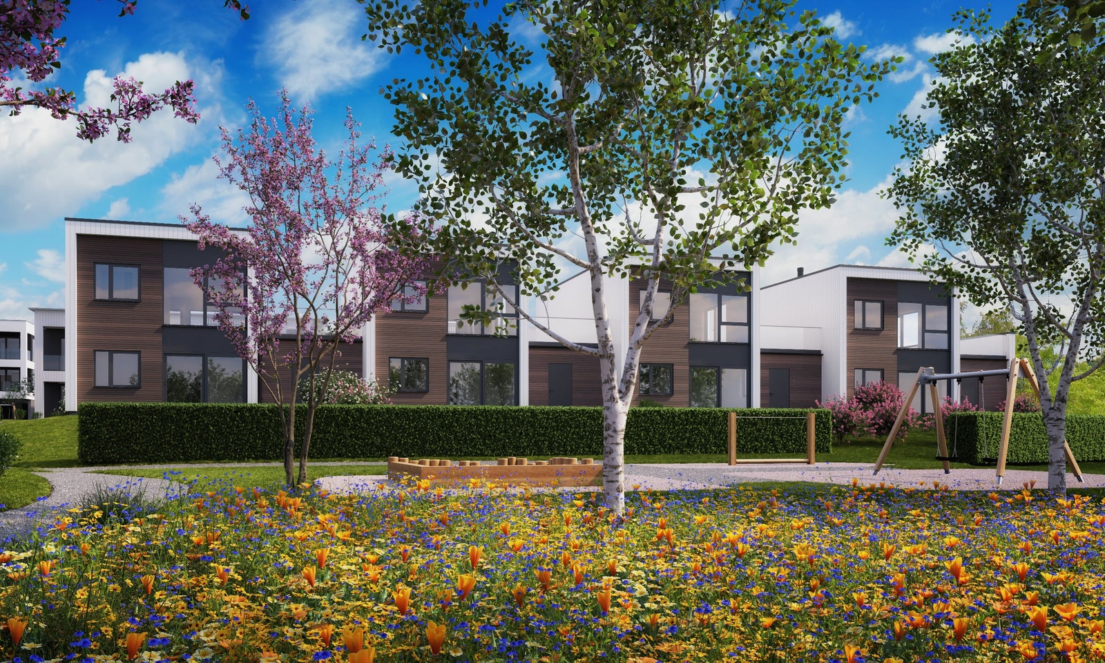 Illustrasjon av prosjektet med parkområde og eneboliger i bakgrunnen. Galleribilde