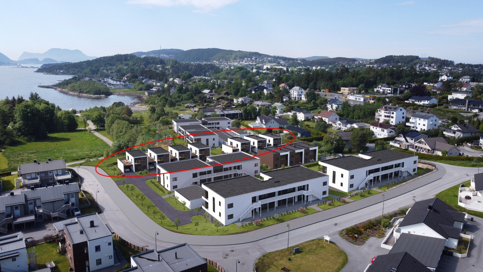 Prosjektillustrasjon fra sør-øst. Eneboliger markert. Galleribilde