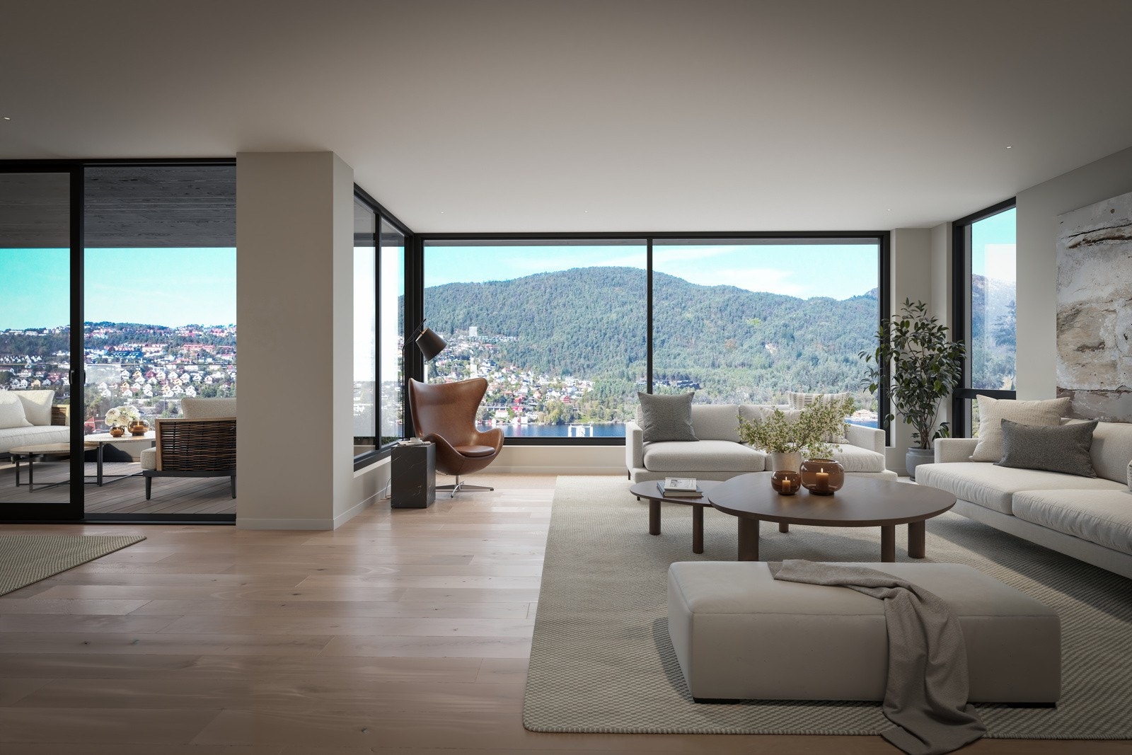 Stue med høy himling på 2,7 meter, gulv til tak vinduer og en spektakulær utsikt over Nordåsvannet og Bergensdalen. Illustrasjonsbilde, avvik kan forekomme. Galleribilde