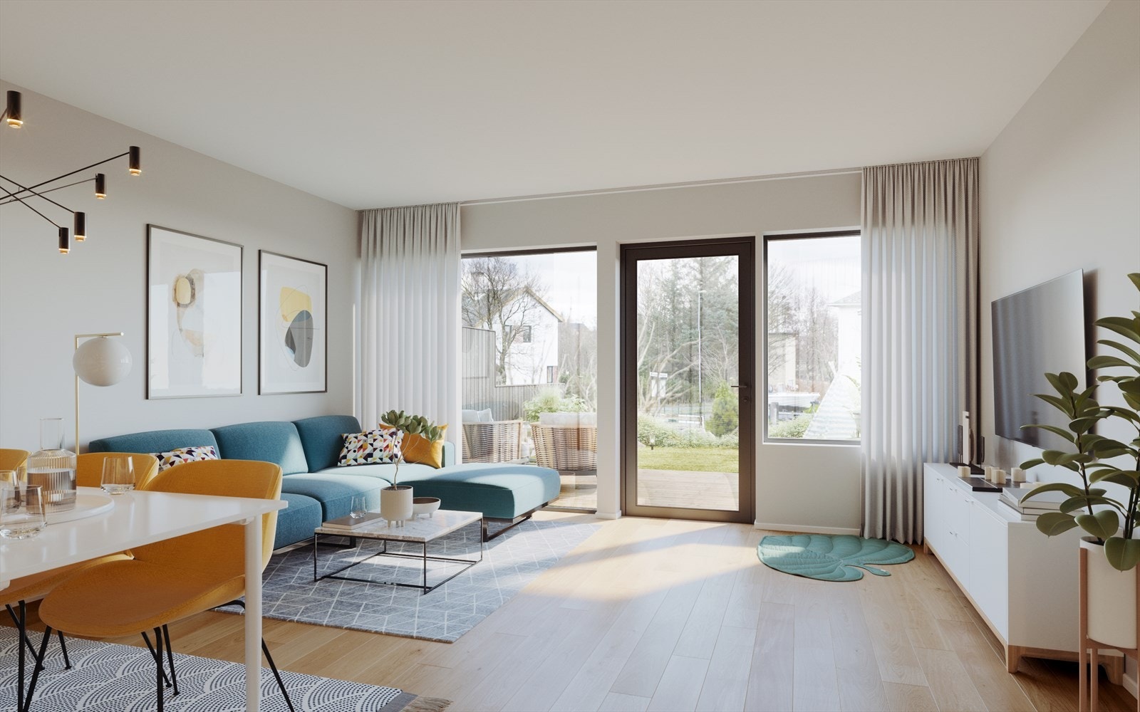 En lys og luftig stue med store vinduer som fyller rommet med naturlig dagslys. Galleribilde