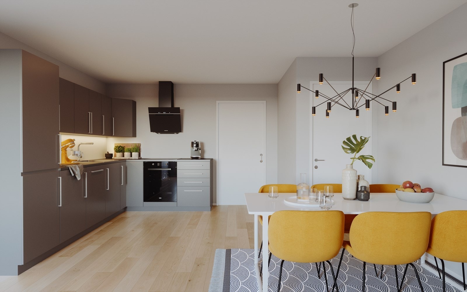 Moderne og innbydende kjøkken og stue med en smart bod plassert under trappen. Galleribilde