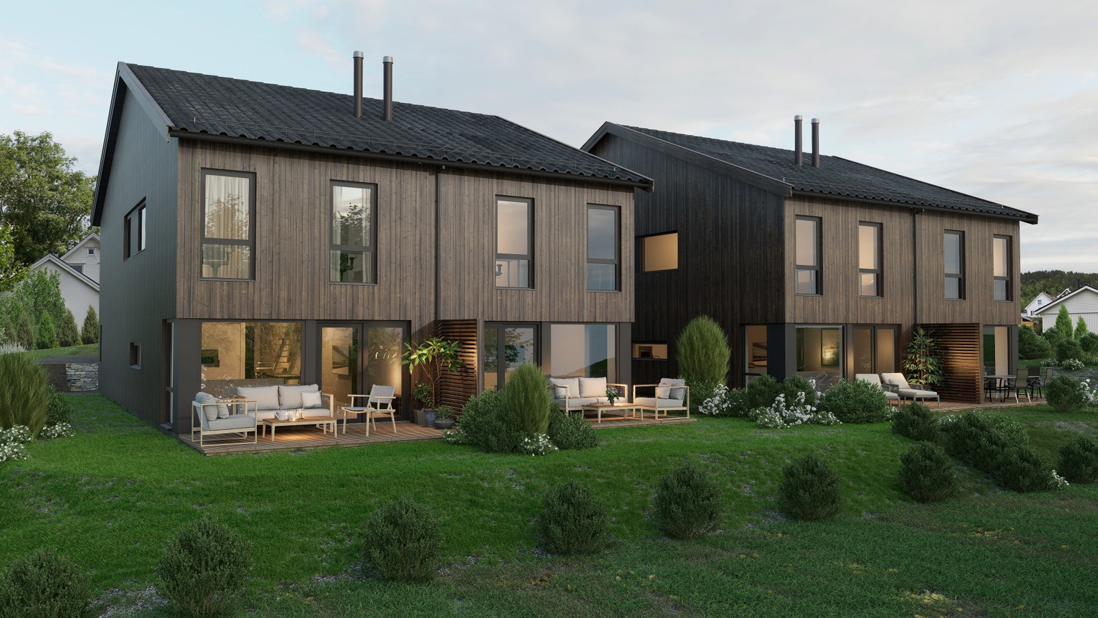 Illustrasjonsbilde av fasade front. Boligenes uteareal grenser mot stort friområde mot vest og nord. Galleribilde