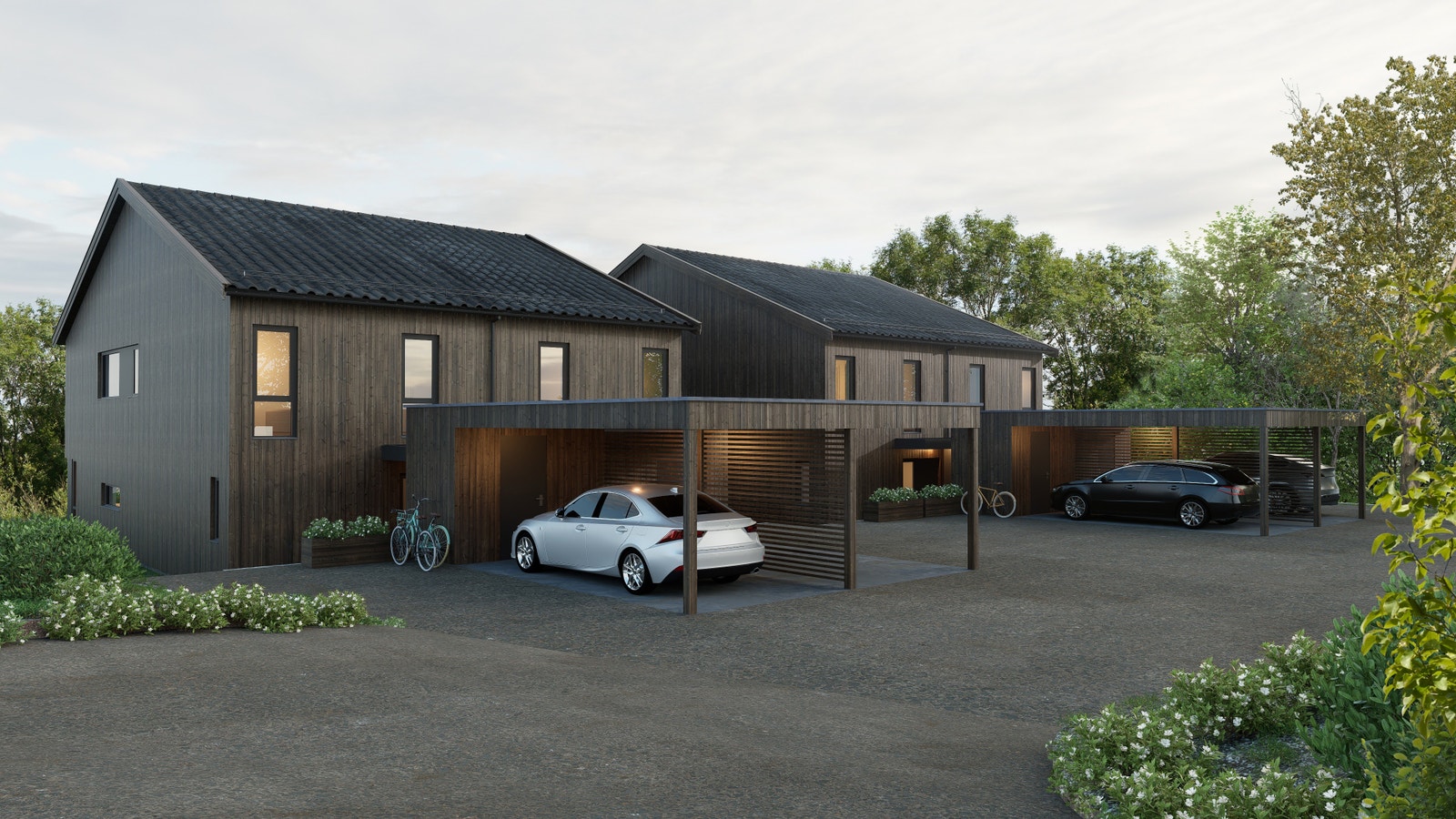 Illustrasjonsbilde av boliger og carport. Gårdsplass, parkering og tilkomstvei leveres ferdig asfaltert. Galleribilde