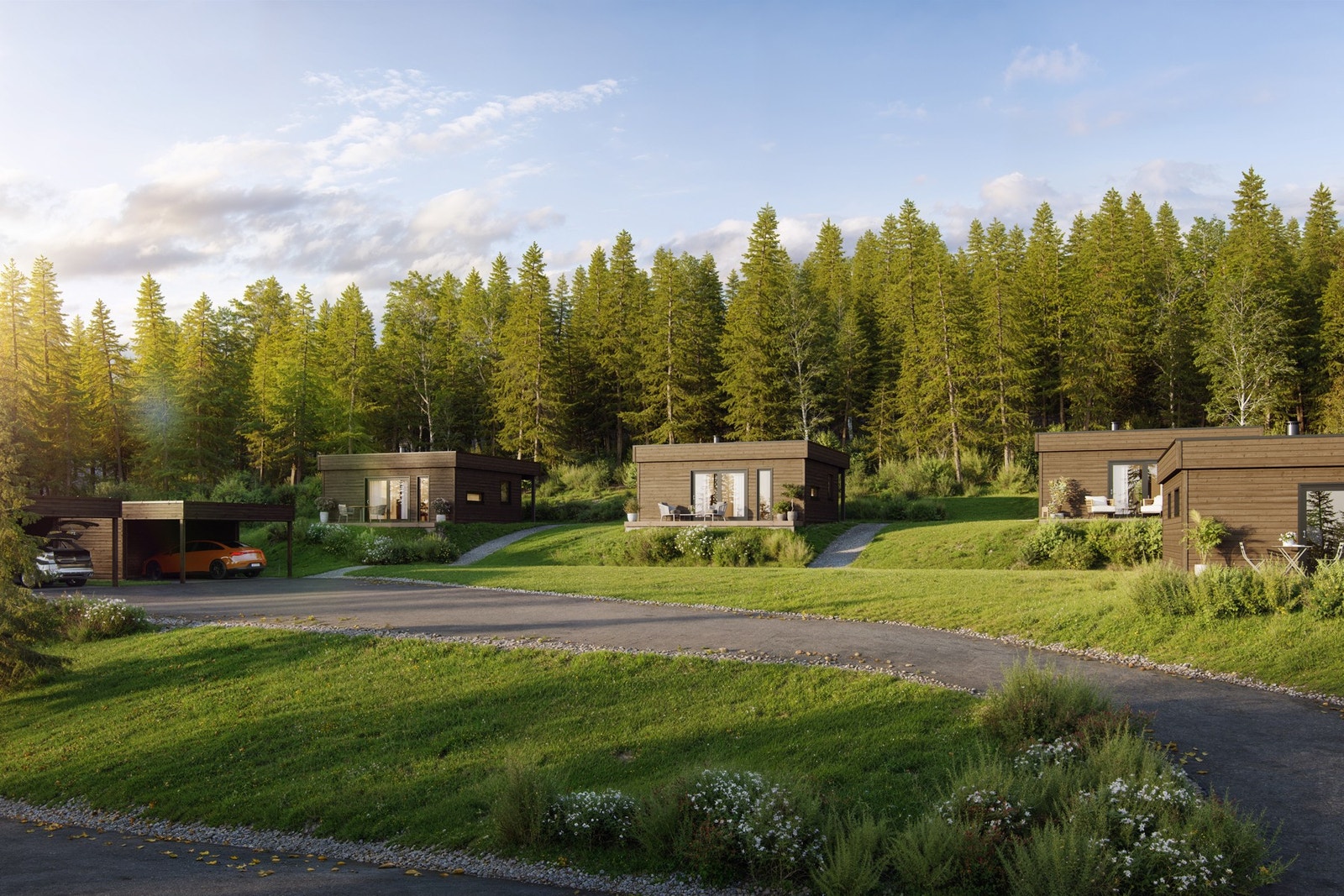 Illustrasjonsbilde. Boligene er seksjonert og har felles tomt. Hver bolig får en egen carport m/sportsbod. Galleribilde