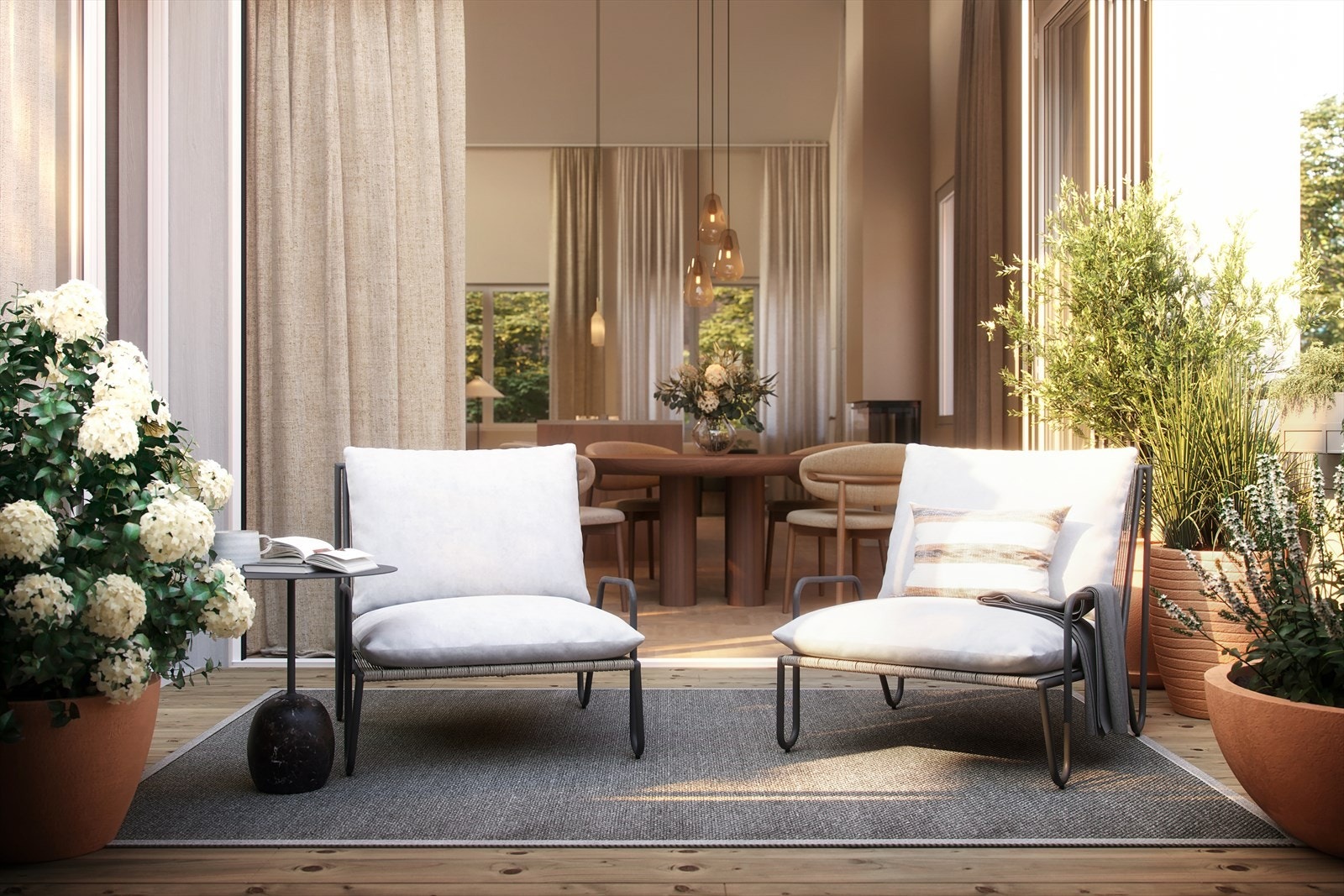 Uteplassen vil kunne brukes som en forlengelse av leiligheten store deler av året. Balkongen er trukket inn og vil bli et uterom uten innsyn, le for vinden og ly for regnet. Illustrasjon. Galleribilde