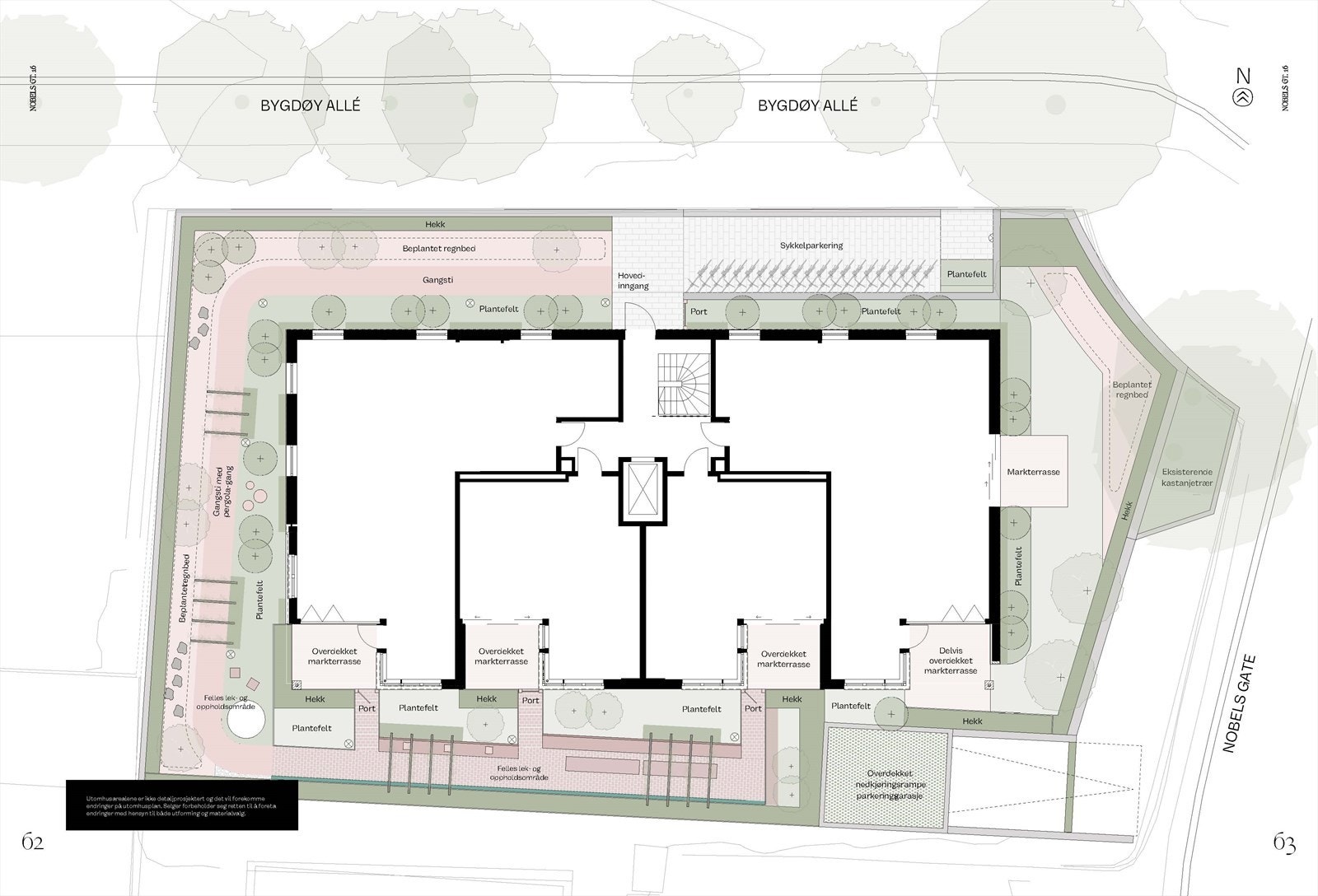 Utomhusplan, ikke detaljprosjektert og det vil forekomme endringer. Selger forbeholder seg retten til å foreta endringer med hensyn til både utforming og materialvalg. Galleribilde