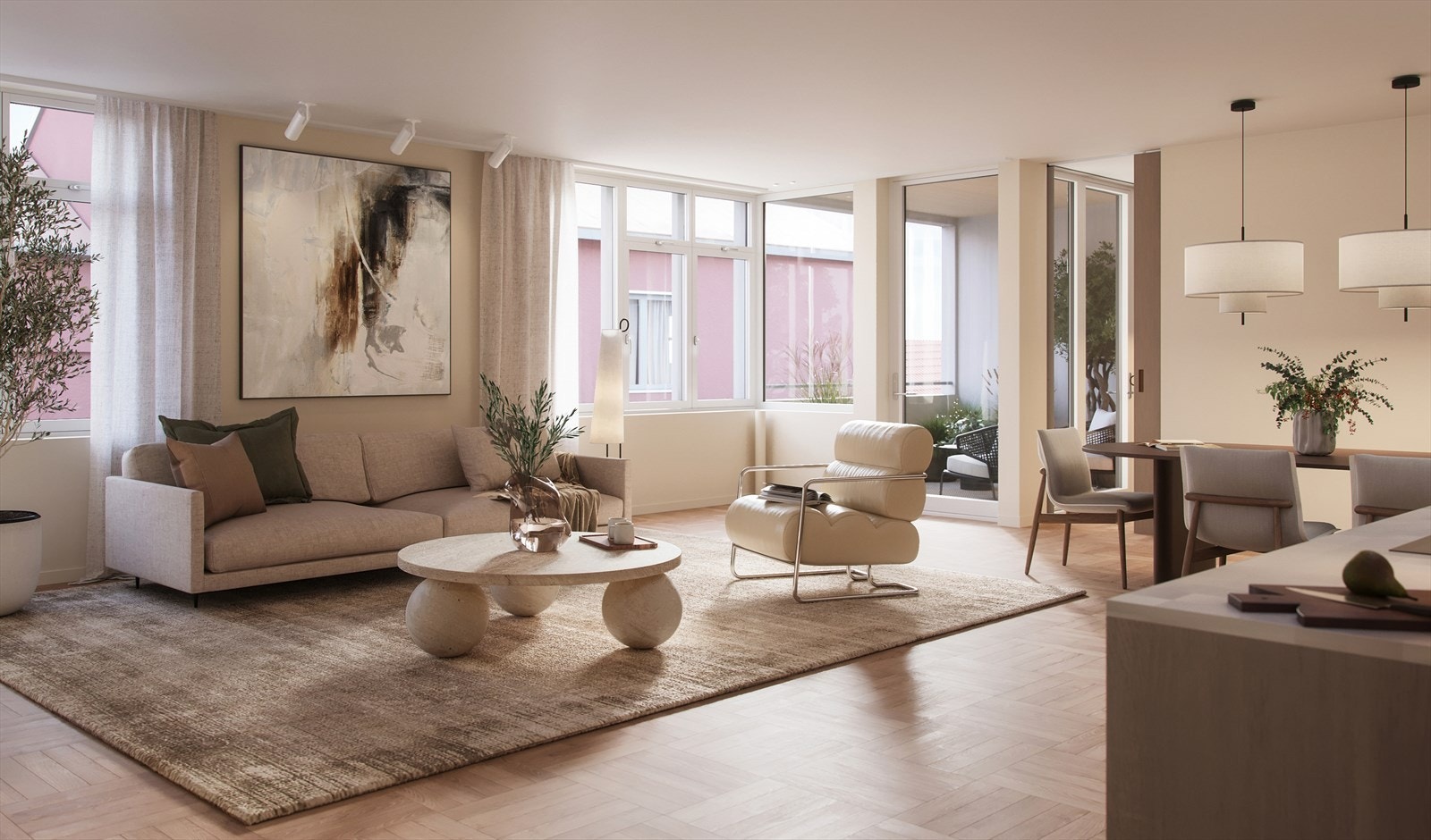 Fargepaletten er dus, men med varme og lune fargetoner. Den gjennomtenkte grunnpaletten gjør det enkelt å skape en personlig stil uansett om man foretrekker fargerik kunst som skal fremheves eller
lyse ton i ton-møbler. Illustrasjon. Galleribilde