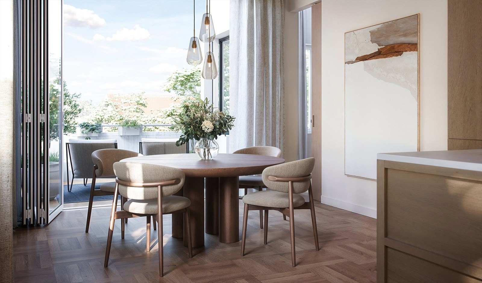 Endeleilighetene leveres i tillegg med foldedører ut til balkongene, som vil viske ut skillet mellom inne og ute. Illustrasjon. Galleribilde