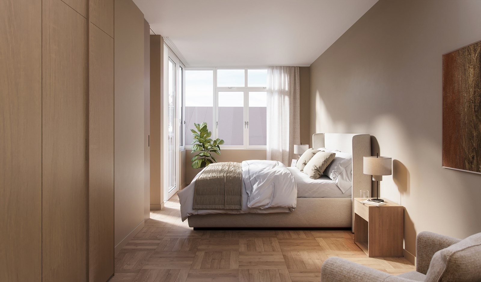 Leilighetene blir lyse og luftige med store vindusflater og god takhøyde. Fantastiske leverandører fra nabolaget på Frogner sørger for innvendige materialer av nydelig kvalitet. Illustrasjon. Galleribilde