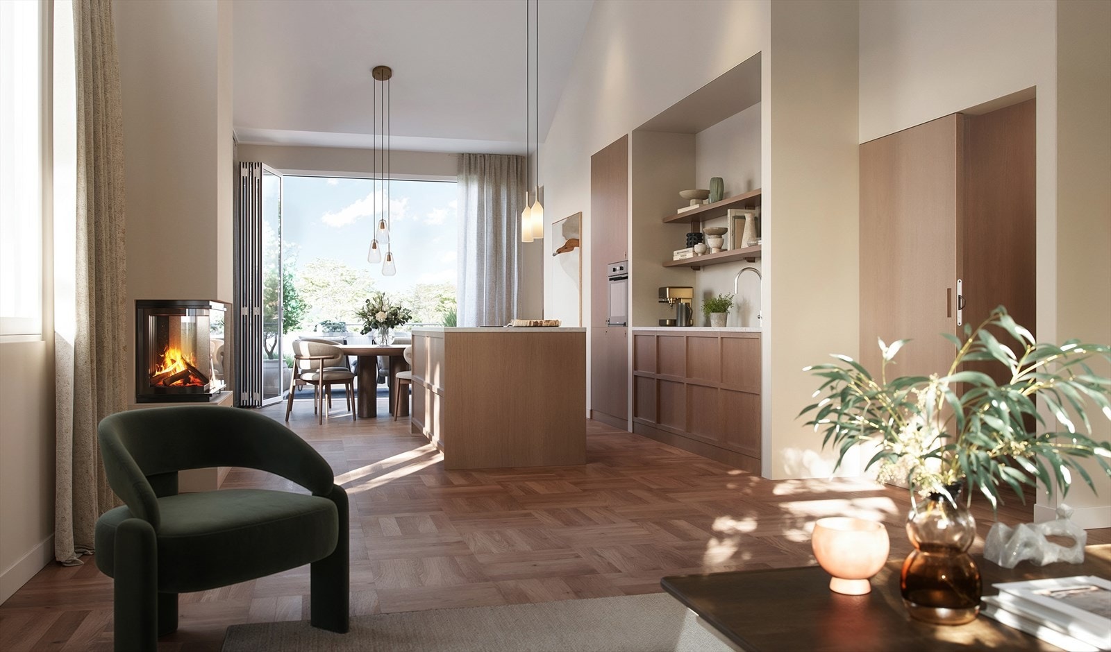 Leilighetene blir lyse og luftige med store vindusflater og god takhøyde. Takhøyden i leilighet 4.1 varierer mellom i overkant av 2,5 meter og opptil ca. 5,5 meter i stue/kjøkken. Illustrasjon. Galleribilde