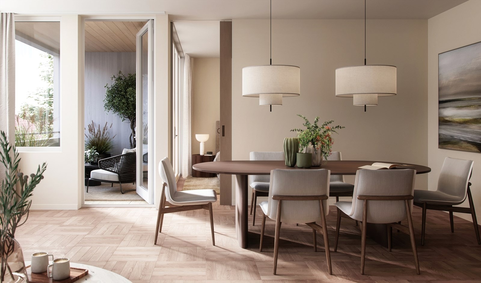 Innvendige dører leveres av Michelsens, et selskap som har spesialisert seg på kvalitetsdører. Det leveres Michelsens M55, som er stilrene og slette dører. M55-serien har karm og dørblad i tilsvarende overflate, begge deler finéres i eik. Illustrasjon. Galleribilde