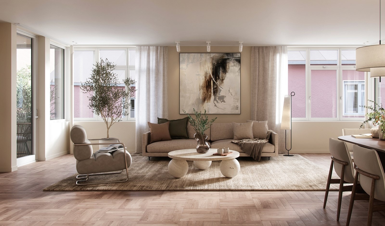 Skovin kombinerer gamle håndverkstradisjoner med moderne teknologi, for å kunne levere perfekte gulv. Gulvene som er valgt i Nobels gate 16 er Skovin Smoke lagt med staver, i et kvadratisk mønster. Illustrasjon, leilighet 3.2. Galleribilde