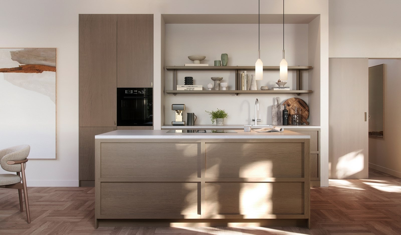 Nobels gate 16 leveres det kjøkken fra den anerkjente kjøkkenprodusenten Kvänum. Kjøkkenmodellen Liljenkrantz leveres med fronter i fargen Hazel kombinert med hylle på veggen over benkeplate. Illustrasjon. Galleribilde