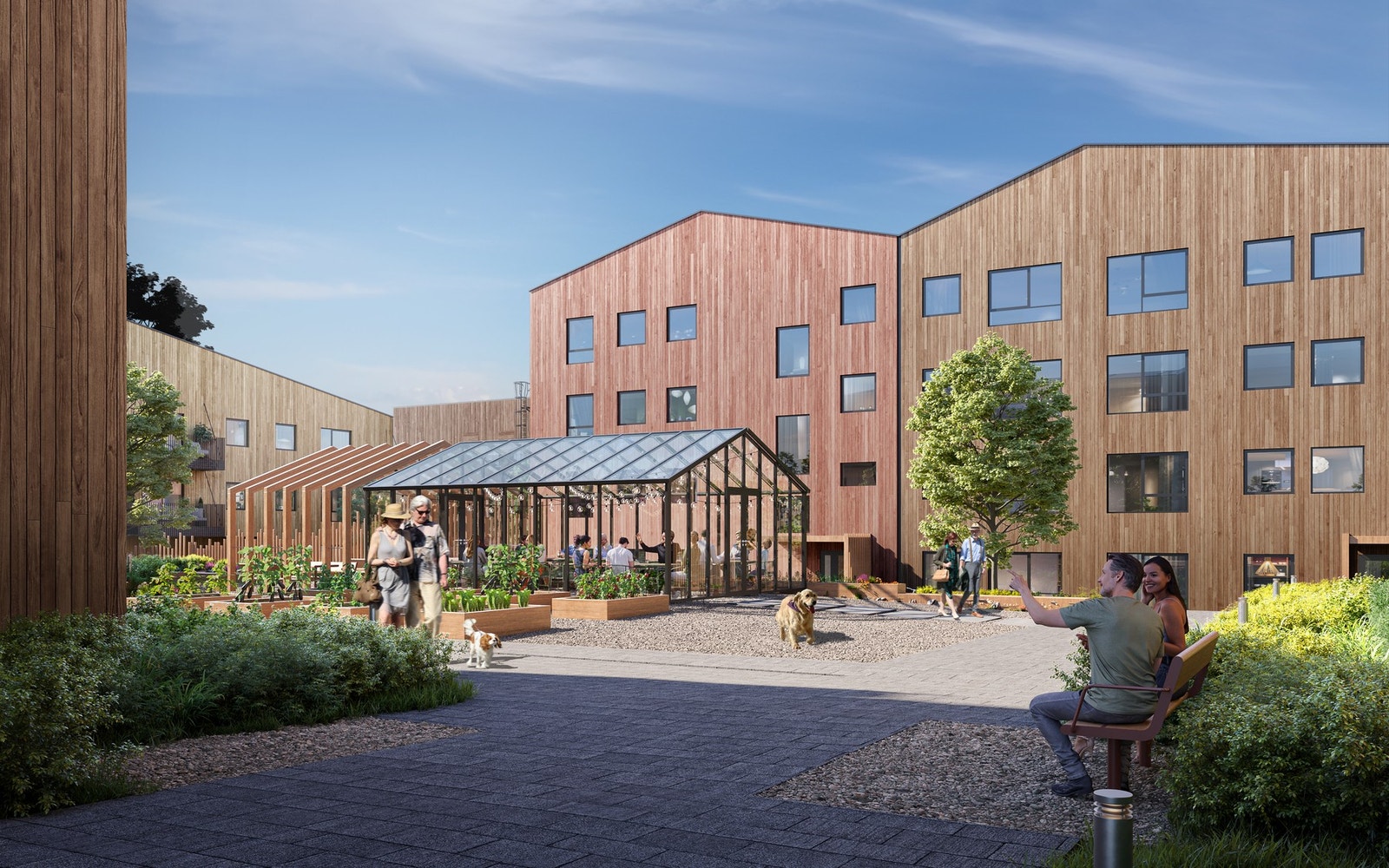 Mellom byggene lages det flotte grøntarealer som vil være en kvalitet som verdsettes både av barnefamilier og godt voksne. Illustrasjon, avvik vil forekomme. Galleribilde