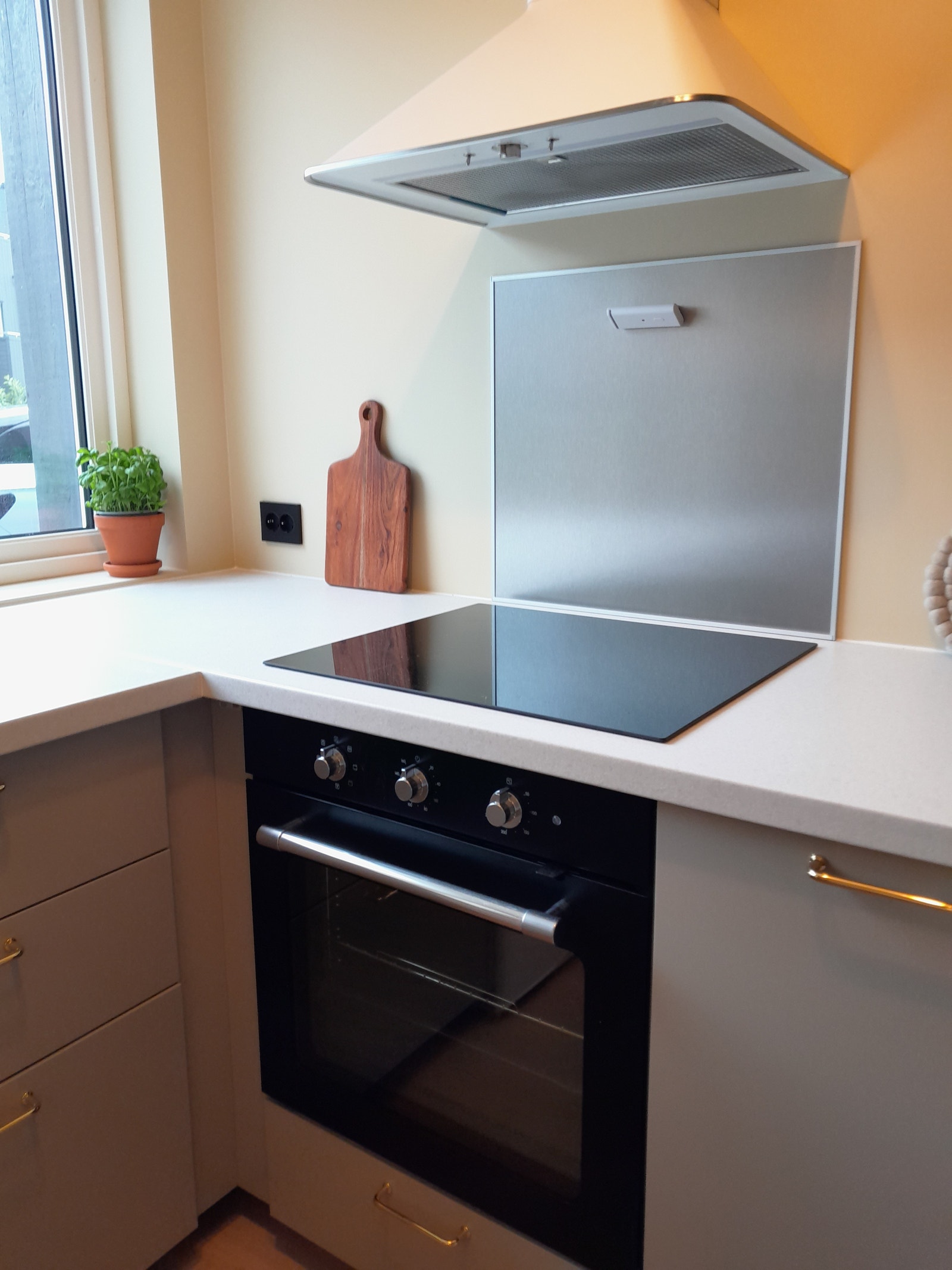 Kjøkken med induksjonstopp, stekeovn, oppvaskmaskin og kjøleskap med liten frys Galleribilde