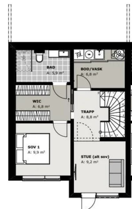 008_Plantegning av sokkeletasjen. Her finner vi bl.a. voksen-avdelingen med walk-in og eget bad. Boligen kan leveres med 4 soverom eller ekstra stue, praktisk bod og vaskerom..jpg Galleribilde