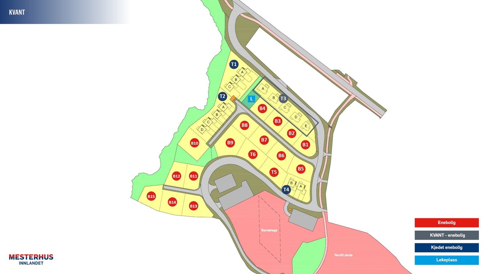 I sameiet på tomt T3 har vi planlagt 5 KVANT eneboliger. B og C er solgt. Galleribilde