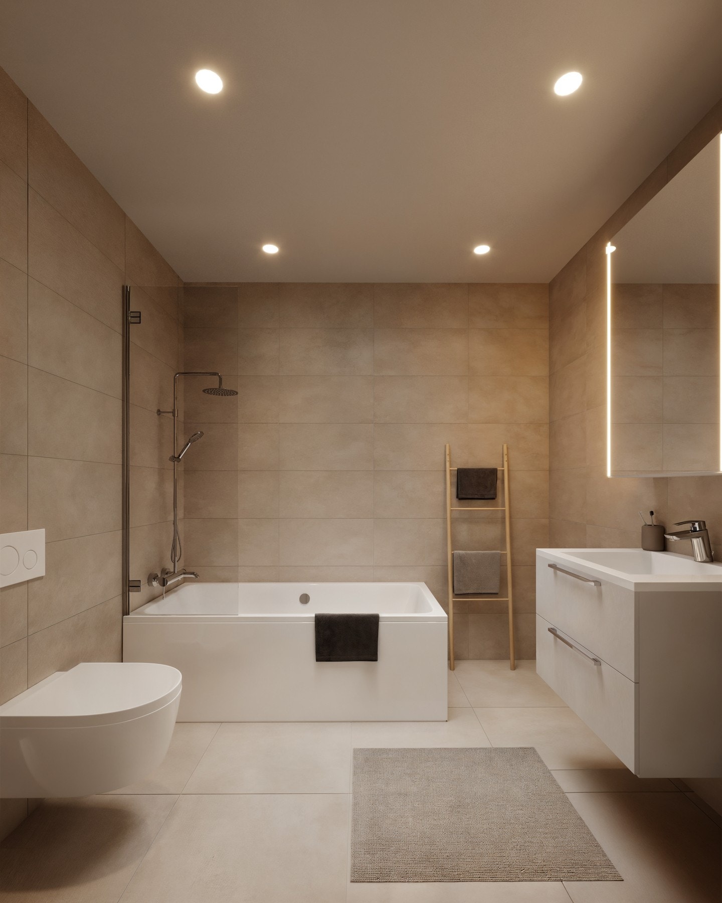 Det blir to bad i boligene - ett i tredje etasje og ett i andre etasje. I tillegg blir det wc/teknisk rom praktisk plassert i første etasje. Varmekabler på begge bad Galleribilde