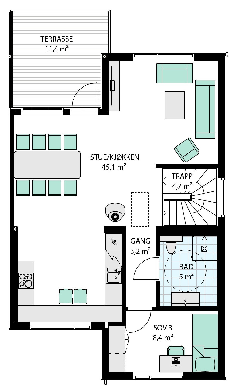 2.etg - Boenhet 1 og 4 i hus 12 er like, bare speilvendt. Galleribilde