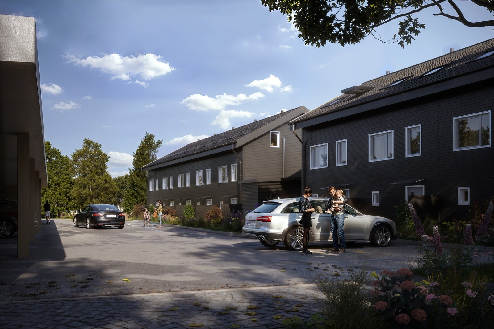 Hver bolig får tilhørende plass i carport, med tilliggende bod, Det gjøres også klart for montering av lader for elbil. Galleribilde