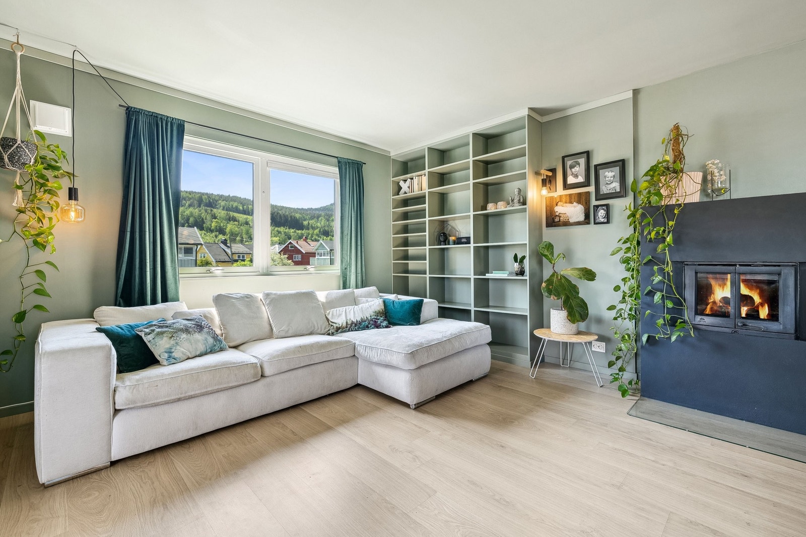 Plassbygget hylleseksjon og mye lys fra vindu. Galleribilde