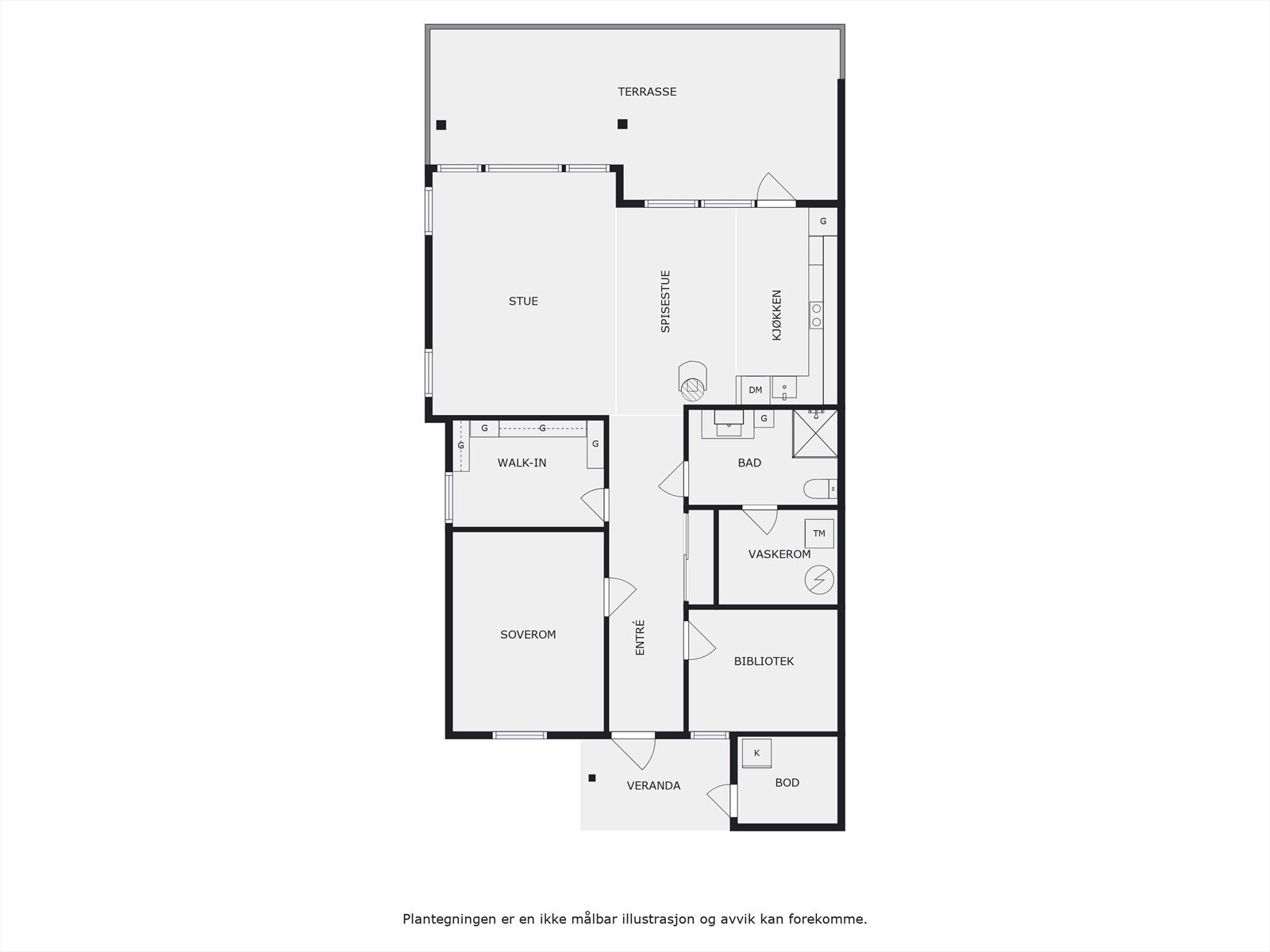 Boligen har en god planløsning på én flate med et stort og sosialt oppholdsrom i front, 3 soverom, baderom og vaskerom/bod. Galleribilde