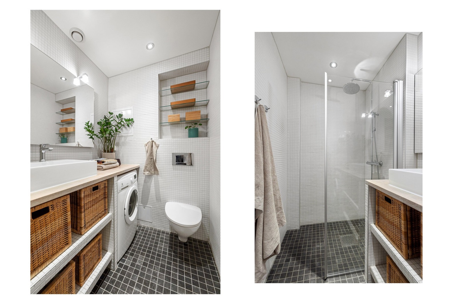 Badet er utstyrt med dusjhjørne, toalett og opplegg for vaskemaskin. Galleribilde