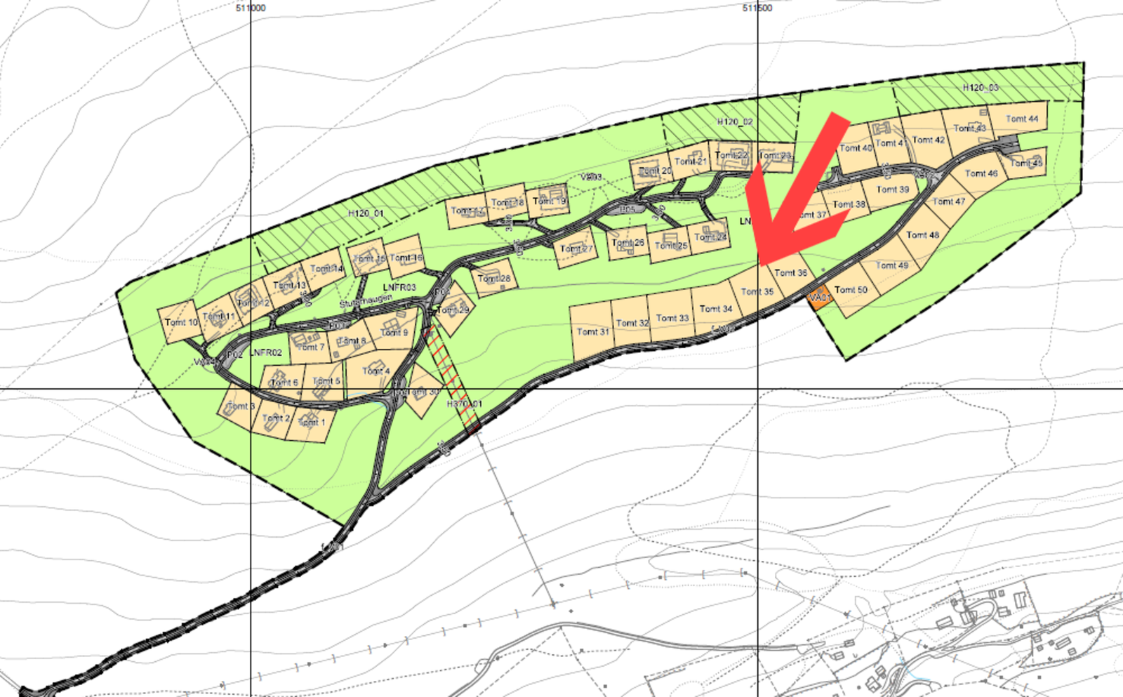 Tomtekart med aktuell tomt markert Galleribilde