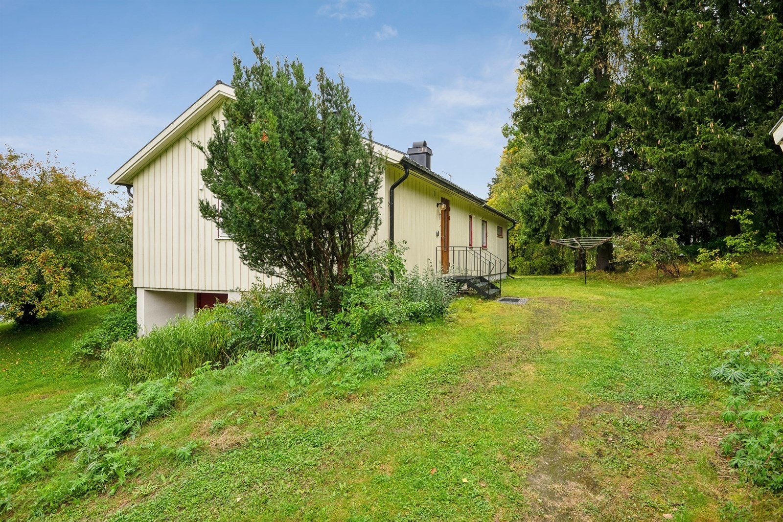 Tomten er opparbeidet med gressplen og diverse beplantning. Galleribilde