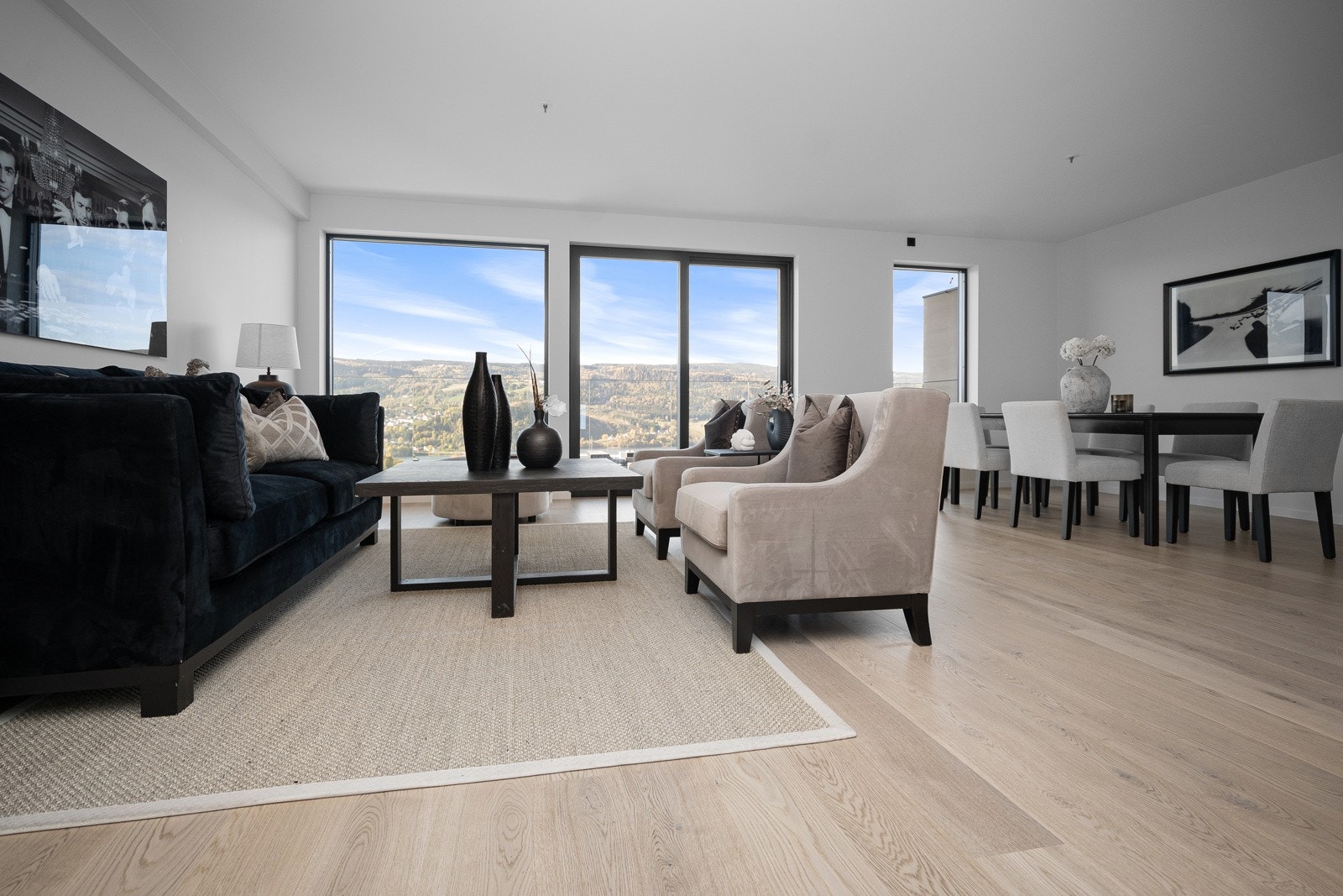 Luftig og fin stuedel med store vinduer mot den flotte utsikten Galleribilde