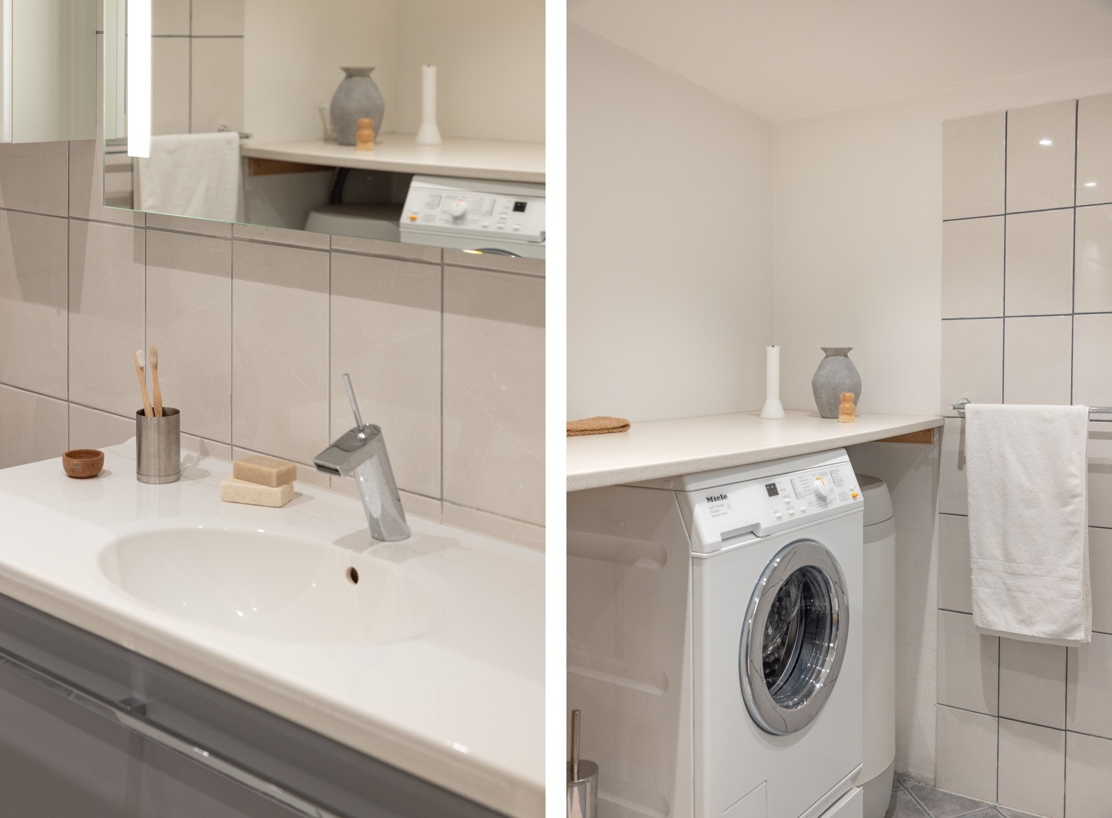 Himling har malte slette flater med innfelte downlights. Det er mulighet til å montere tørketrommel. Galleribilde