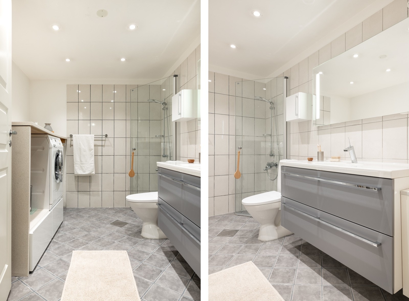 Badet har fliser på gulv med varmekabler og fliser på deler av vegg samt malte slette flater. Galleribilde