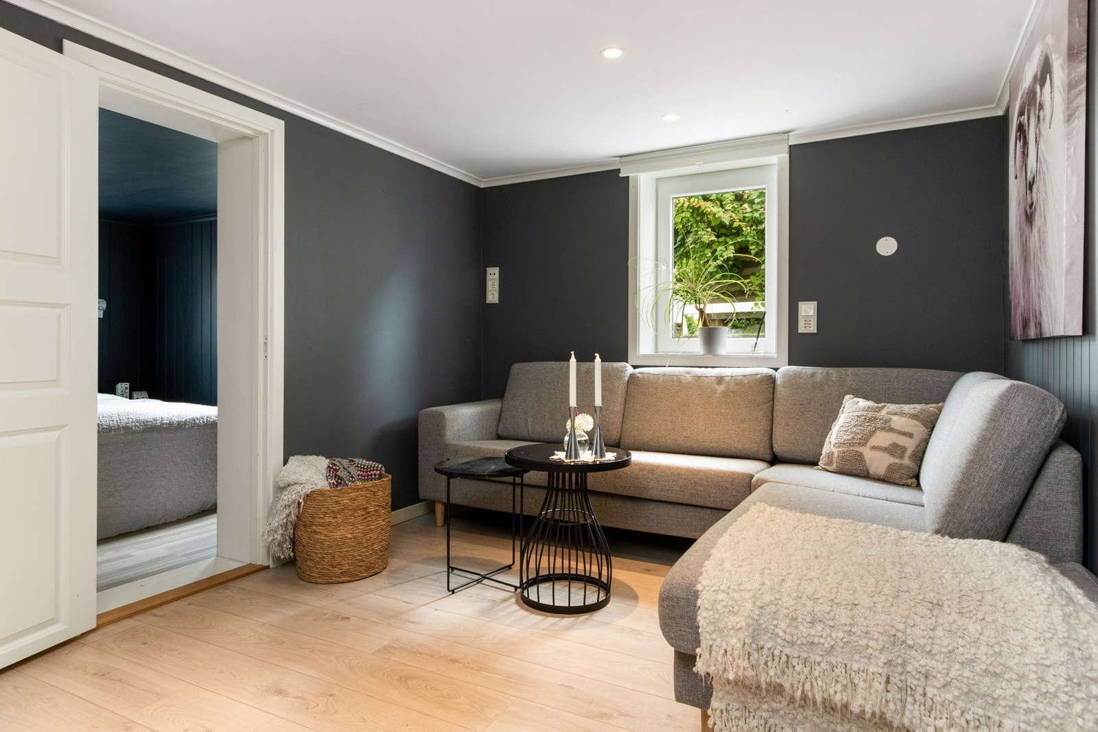 Kjellerstuen har godt areal for sofagruppe og annen innredning, samt gode lysforhold, downlights og lun atmosfære. Det er ukjent om ytterligere etablering av oppholdsrom i kjeller er søkt bruksendret. Galleribilde