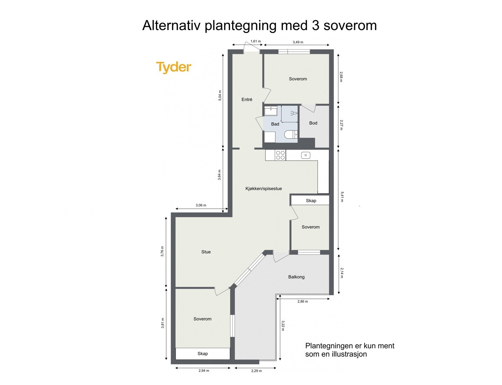 Alternativ plantegning med 3 soverom | Parketten er lagt under nåværende kjøkkenøy for en enklere prosess Galleribilde
