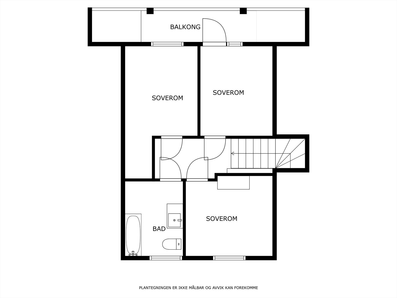 Omvisningen fortsetter til 2 etasje. Her er gang, bad og tre soverom hvor et har utgang til balkong på 9 kvm med overbygg. Galleribilde