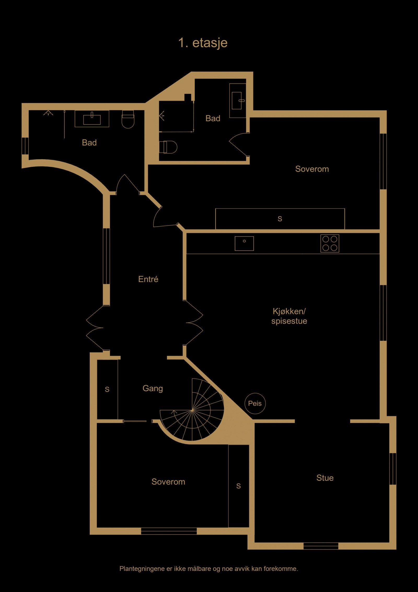 Første etasje inneholder følgende: To soverom, to bad, stort kjøkken, stue som også kan benyttes som soverom. Galleribilde