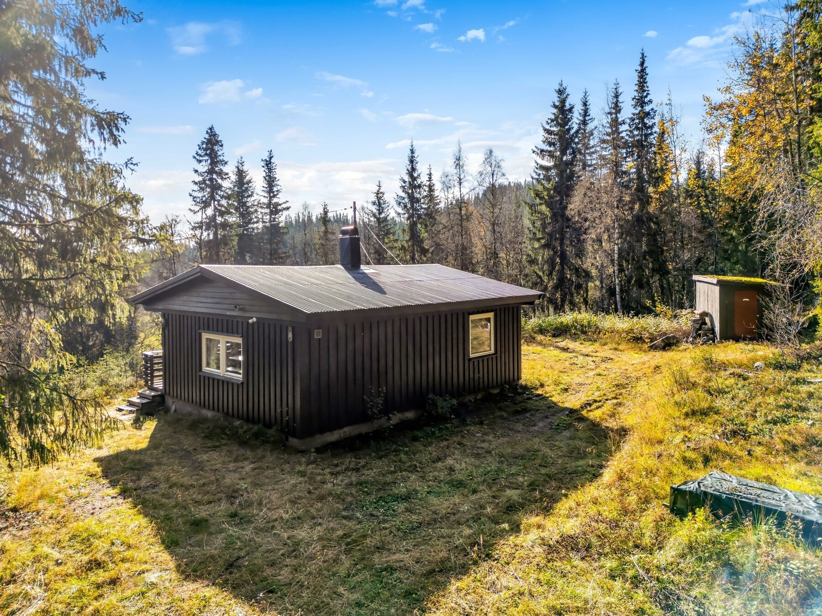 Hytte med usjenert beliggenhet med lett tilkomst! Parkering rett utenfor hyttedøra. Galleribilde