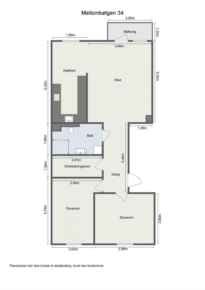 Planskisse. Utover overnevte areal disponerer leiligheten kjellerbod på 3,8 m². Galleribilde