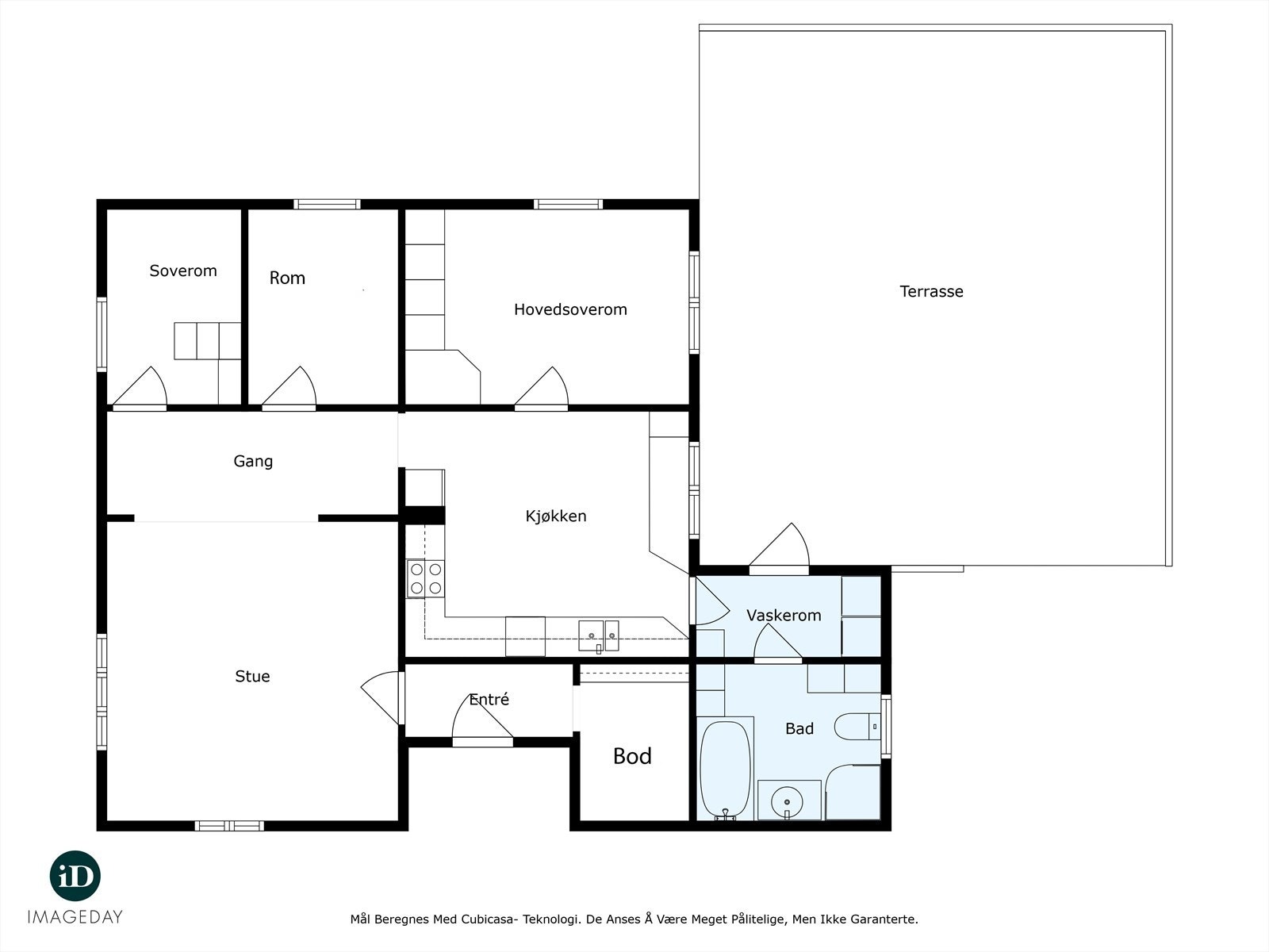 Planoversikt. Avvik kan forekomme. Rom nr 2 fra venstre er innredet som soverom (ikke godkjent). Galleribilde
