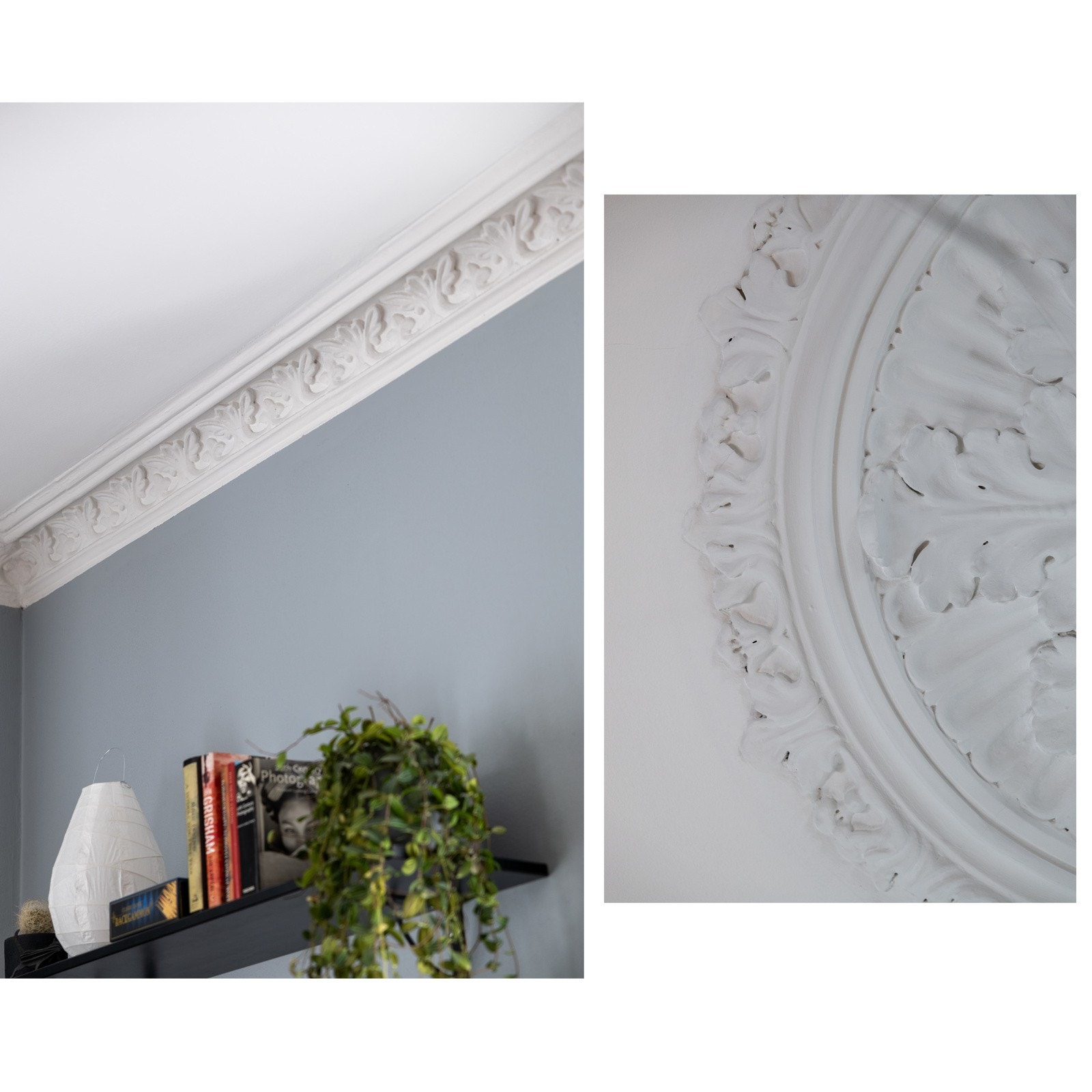 Leiligheten har flotte klassiske detaljer med rosetter og stukkatur i taket. Galleribilde